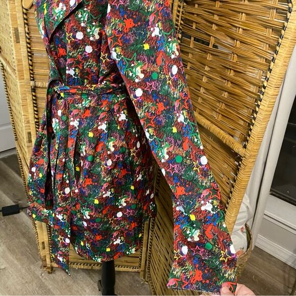 Joe Browns colorful graffiti stars Notched Collar Cocktail Trench Coat size 10 - Picture 9 of 16